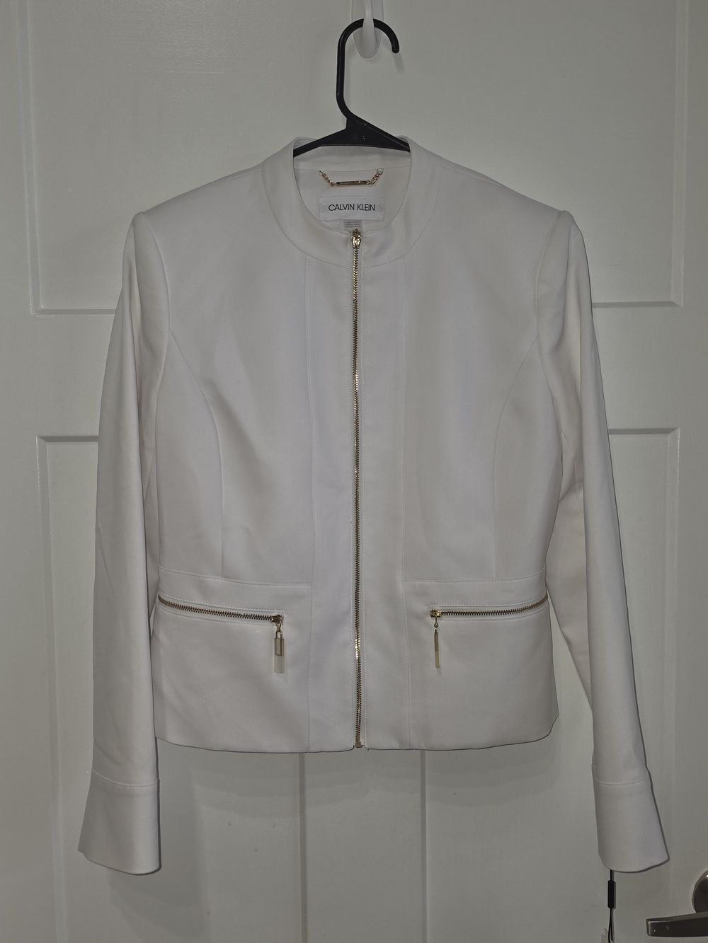 Calvin Klein White Collarless Zip Jacket with Gold Hardware